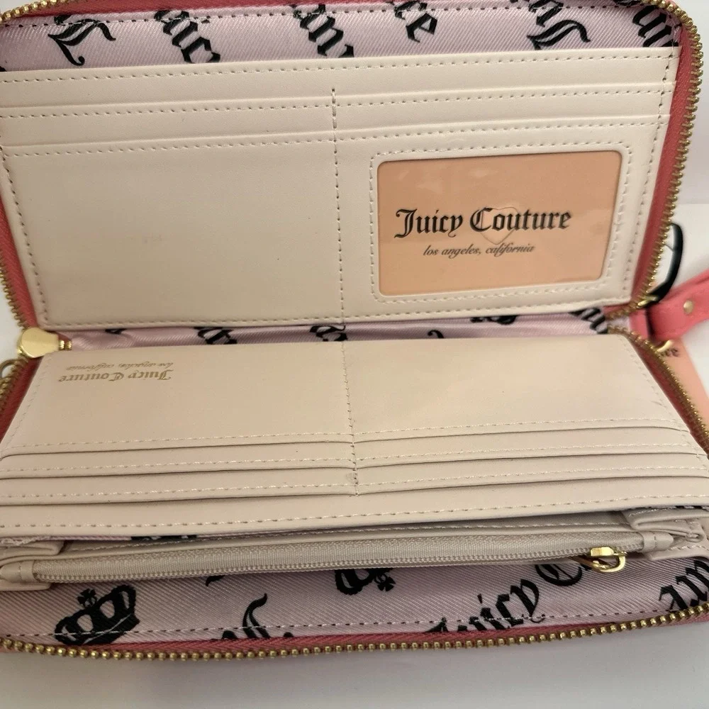 Juicy Couture Fan Club Crown Zip Around Wallet Wristlet Pink Scotty Dog NWT